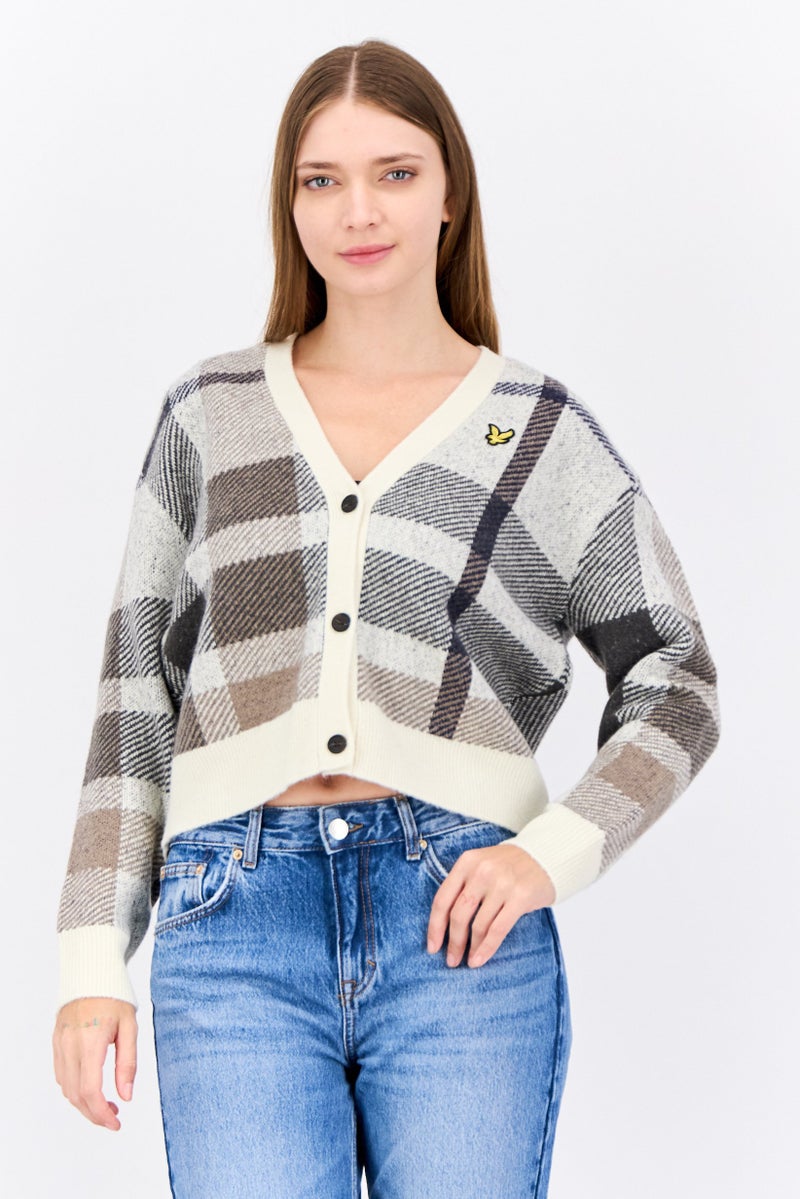 Lyle & Scott Women V-Neck Plaid Knitted Cardigan, Cream  - Image 1