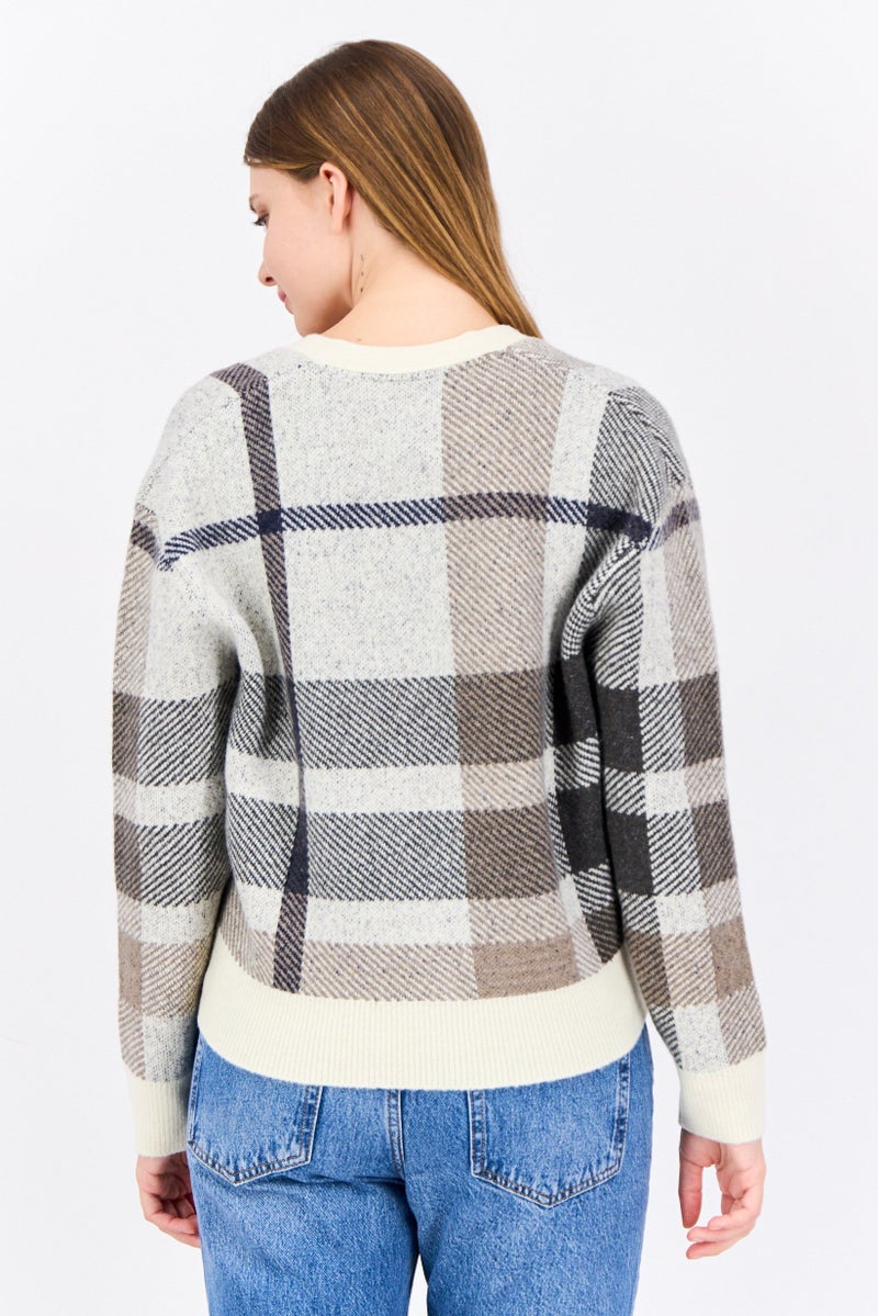 Lyle & Scott Women V-Neck Plaid Knitted Cardigan, Cream  - Image 3