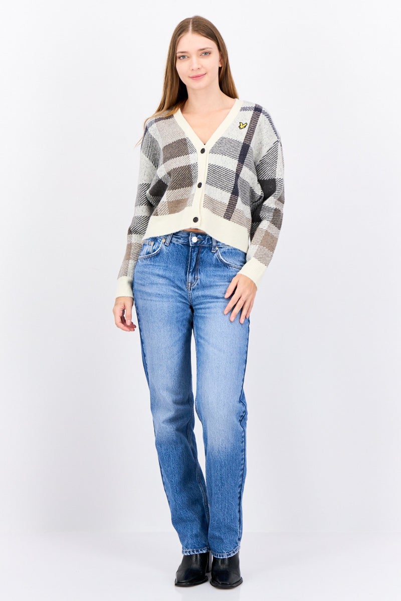 Lyle & Scott Women V-Neck Plaid Knitted Cardigan, Cream  - Image 4