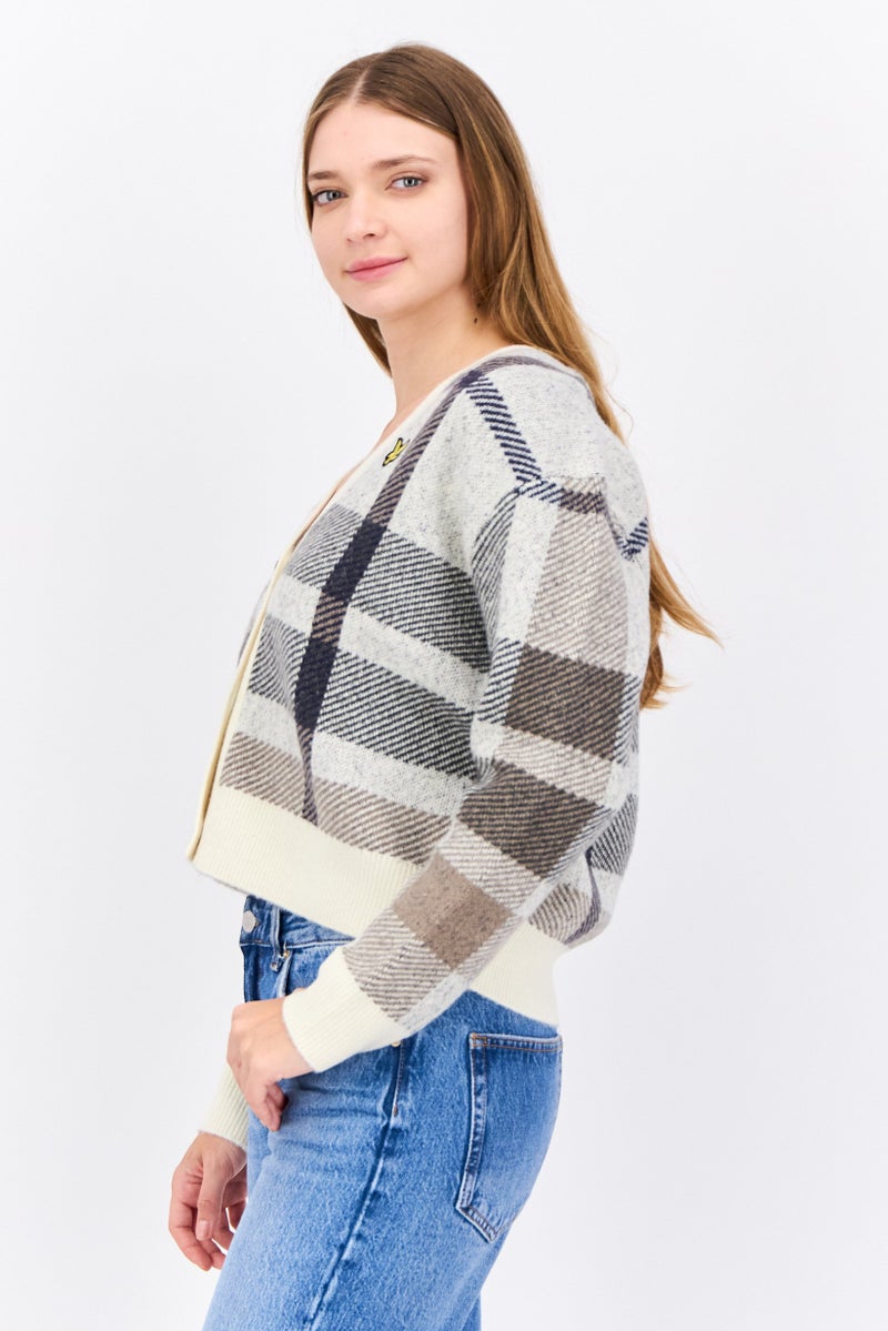 Lyle & Scott Women V-Neck Plaid Knitted Cardigan, Cream  - Image 2