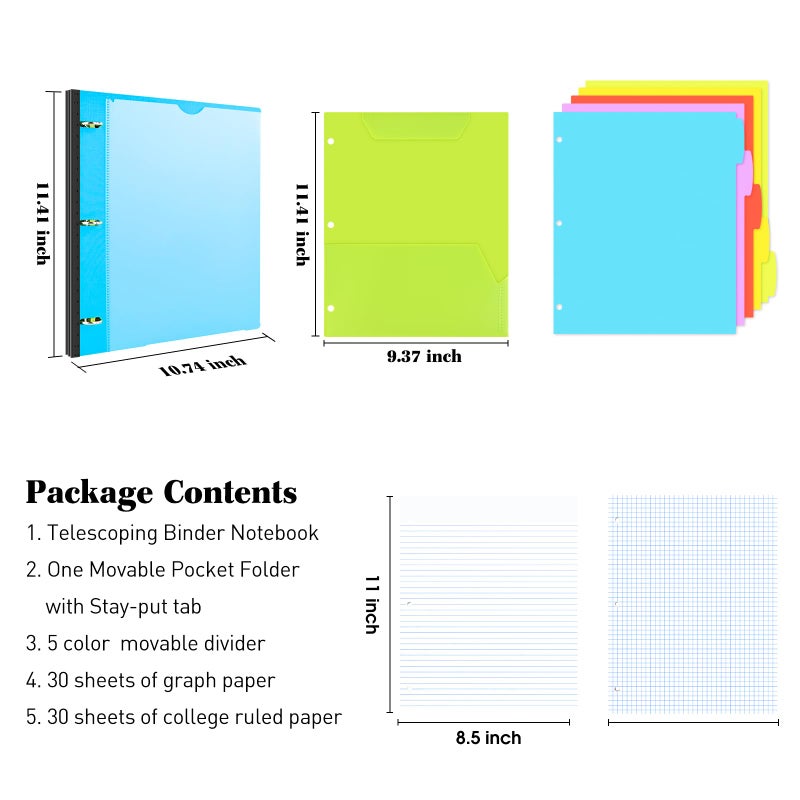 INFUN All-in-one Telescoping Binder Notebook, Refillable 3 Ring Notebook Binder with 1 plastic movable pocket folder,5 plastic subject dividers and graph paper and college ruled paper - Blue - Image 2