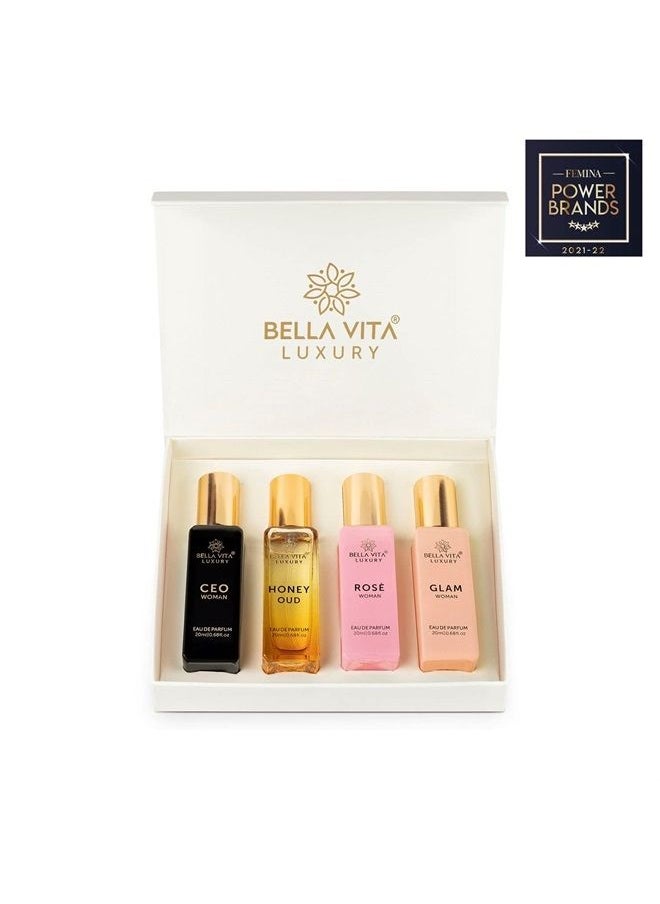Bella Vita Organic - Women's Luxury Perfume Gift Set 4x20 ML | Luxury Scent with Long Lasting Fragrance Eau De Parfum | CEO Woman | Honey Oud | Glam | Rose 80 ML - Image 1
