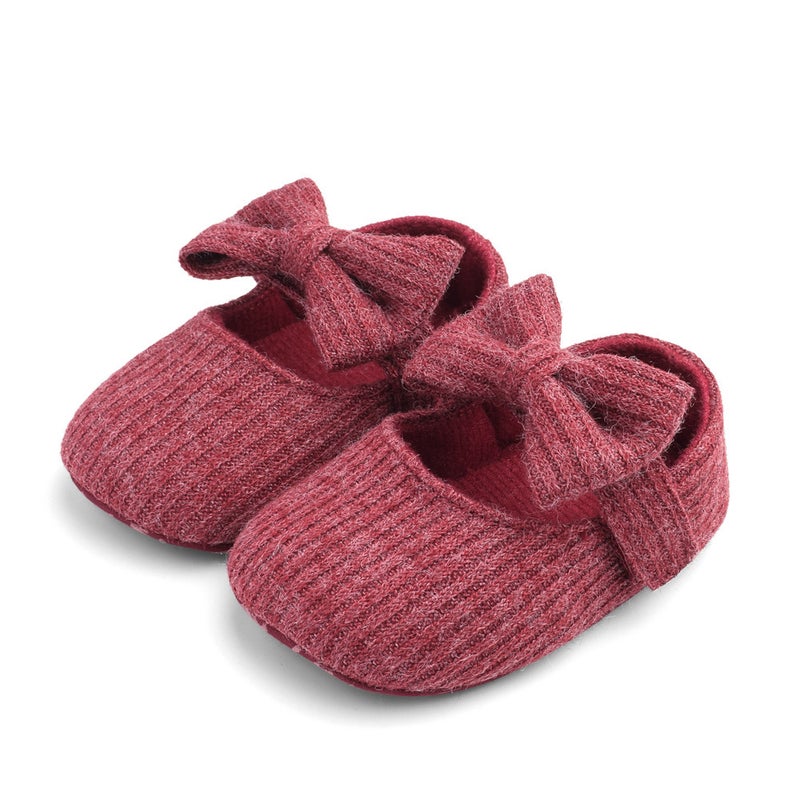 Baby Flower Soft Sole Walking Shoes wine red Bow 