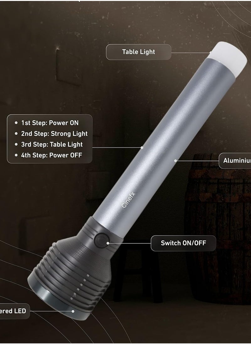 CINEFX Metal Body Rechargeable LED Flashlight with HIGH Power 50W Torch and Lamp , Long Range LED Light Tube Backlight Rechargeable Powerful Battery Torch Light 8 hrs Torch Emergency Light
