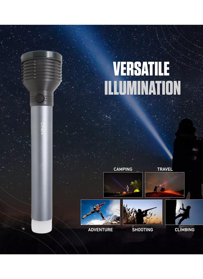 CINEFX Metal Body Rechargeable LED Flashlight with HIGH Power 50W Torch and Lamp , Long Range LED Light Tube Backlight Rechargeable Powerful Battery Torch Light 8 hrs Torch Emergency Light