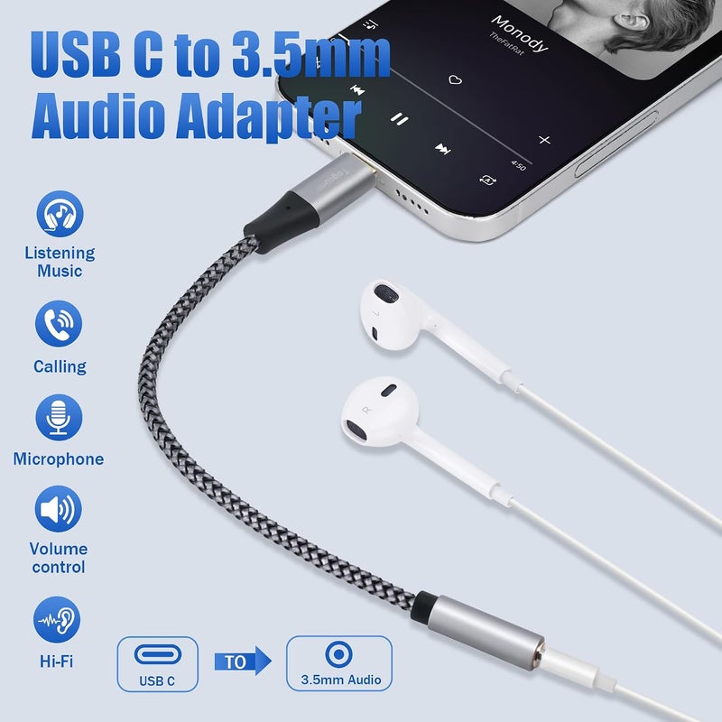 Togconn محول USB Type C ذكر إلى مقبس سماعة الرأس 3.5 ملم TRRS أنثى عبوة مزدوجة، كابل محول صوت USB C إلى Aux، مضفر من النايلون، أصداف ألومنيوم، لأجهزة iPhone 15/15 Pro Max، iPad Pro، MacBook، Pixel، Galaxy S24 - Image 3