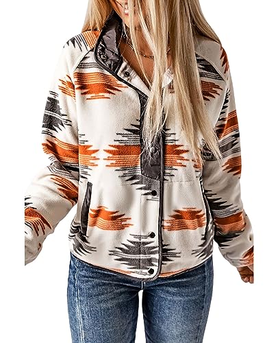 SELINK Womens Fleece Jacket Western Aztec Print Long Sleeve Snap Button Down Shacket Jackets with Pockets Grey-S - Image 1