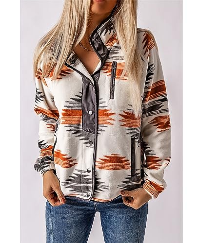 SELINK Womens Fleece Jacket Western Aztec Print Long Sleeve Snap Button Down Shacket Jackets with Pockets Grey-S - Image 3