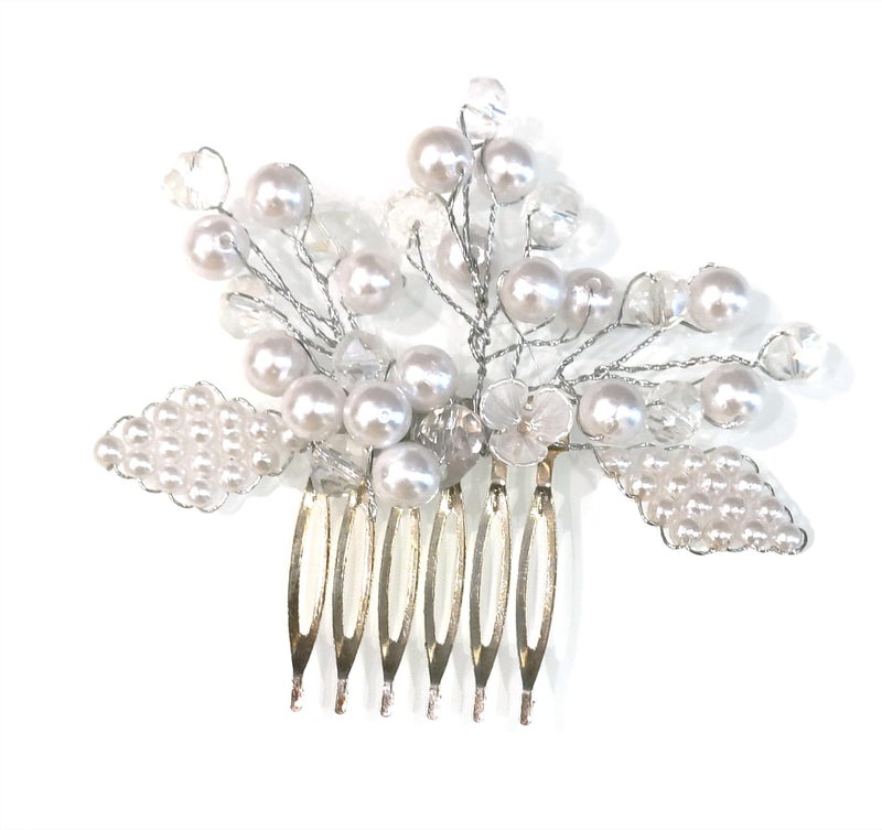 La Belleza White Pearl & Flower Wedding Hair Accessory Tiara | Hair Side Comb | Floral Hair Crown | Hair clip/Side Pin for Girls and Women - Image 1