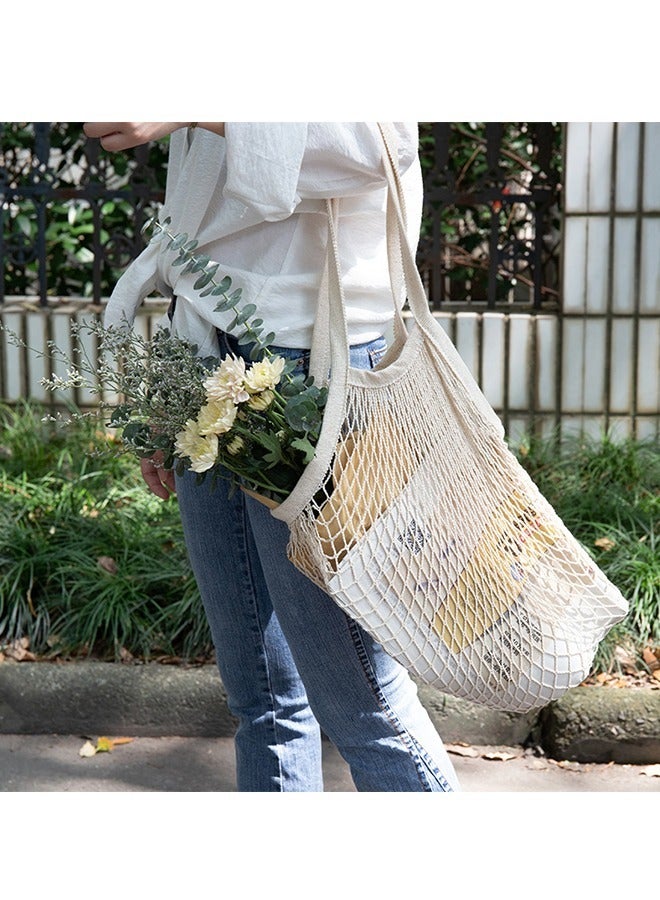 2 Pcs Portable Reusable Grocery Bags, Washable Cotton Mesh String Shopping Handbag, Fruit And Vegetable Long Handle Net Tote String Organic Organizer (Pink+Blue) - Image 5