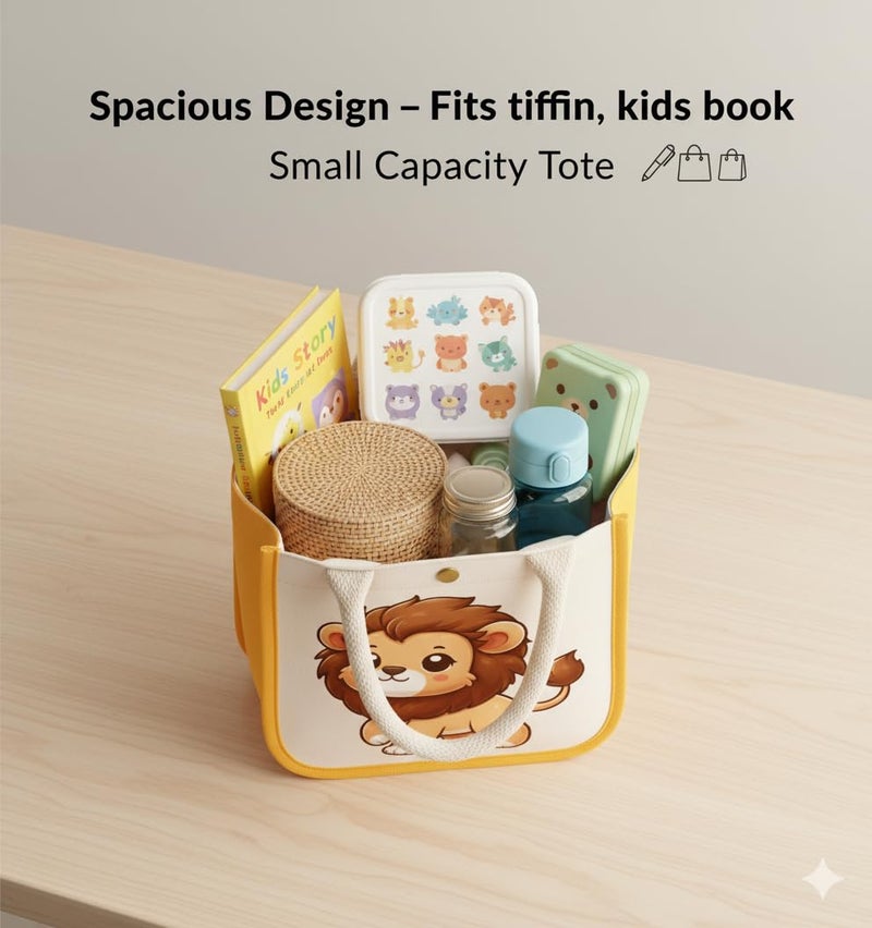 HOBBY INDIA Kids Lunch Bag | Cute & Stylish Mini Tiffin Bag for Boys & Girls | Cute Cotton Cartoon Design I Perfect For Picnic Tuition School, Preschool & Playschool (Lion) - Image 3