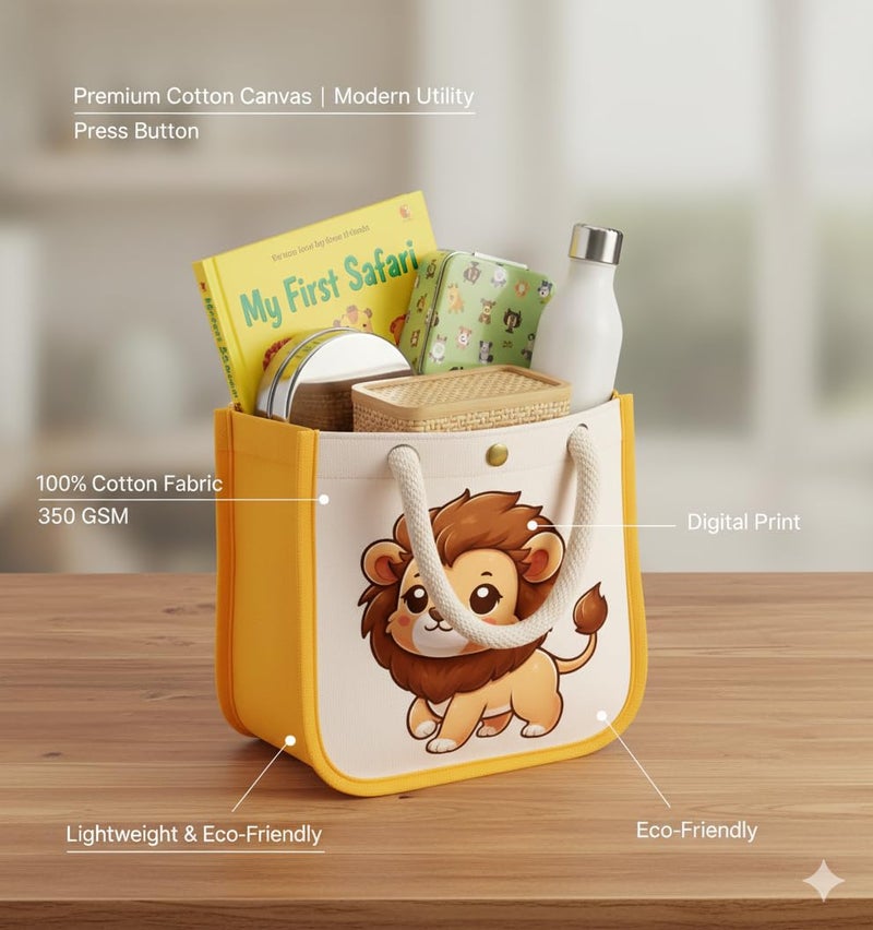 HOBBY INDIA Kids Lunch Bag | Cute & Stylish Mini Tiffin Bag for Boys & Girls | Cute Cotton Cartoon Design I Perfect For Picnic Tuition School, Preschool & Playschool (Lion) - Image 4
