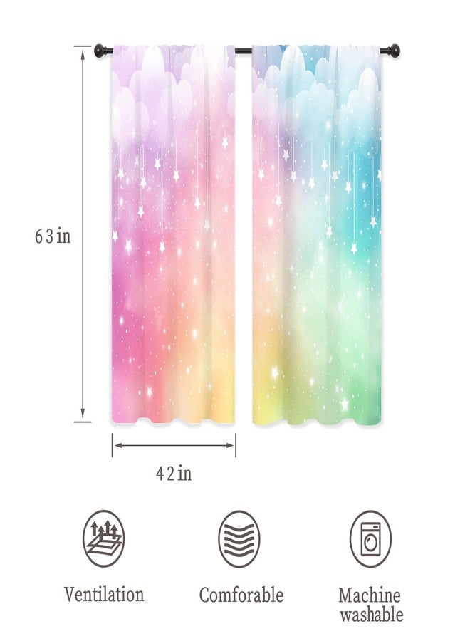 ريديكور ستائر رييديكور بألوان قوس قزح للأطفال والفتيات، بتصميم غيوم لطيفة، وتدرجات ألوان باستيلية، وسماء مرصعة بالنجوم، وجيب للتعليق، متعددة الألوان، مناسبة لغرف نوم الأميرات وغرف المعيشة، مصنوعة من قماش فاخر، قطعتان، مقاس 42 بوصة عرض × 63 بوصة ارتفاع - Image 2