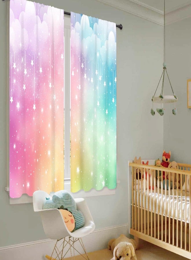ريديكور ستائر رييديكور بألوان قوس قزح للأطفال والفتيات، بتصميم غيوم لطيفة، وتدرجات ألوان باستيلية، وسماء مرصعة بالنجوم، وجيب للتعليق، متعددة الألوان، مناسبة لغرف نوم الأميرات وغرف المعيشة، مصنوعة من قماش فاخر، قطعتان، مقاس 42 بوصة عرض × 63 بوصة ارتفاع - Image 4