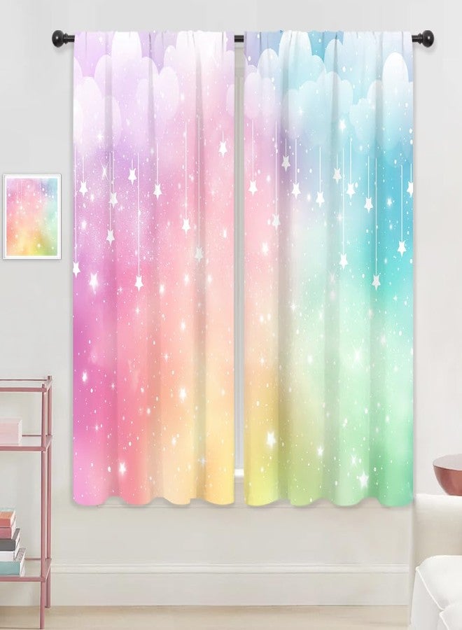 ريديكور ستائر رييديكور بألوان قوس قزح للأطفال والفتيات، بتصميم غيوم لطيفة، وتدرجات ألوان باستيلية، وسماء مرصعة بالنجوم، وجيب للتعليق، متعددة الألوان، مناسبة لغرف نوم الأميرات وغرف المعيشة، مصنوعة من قماش فاخر، قطعتان، مقاس 42 بوصة عرض × 63 بوصة ارتفاع - Image 1