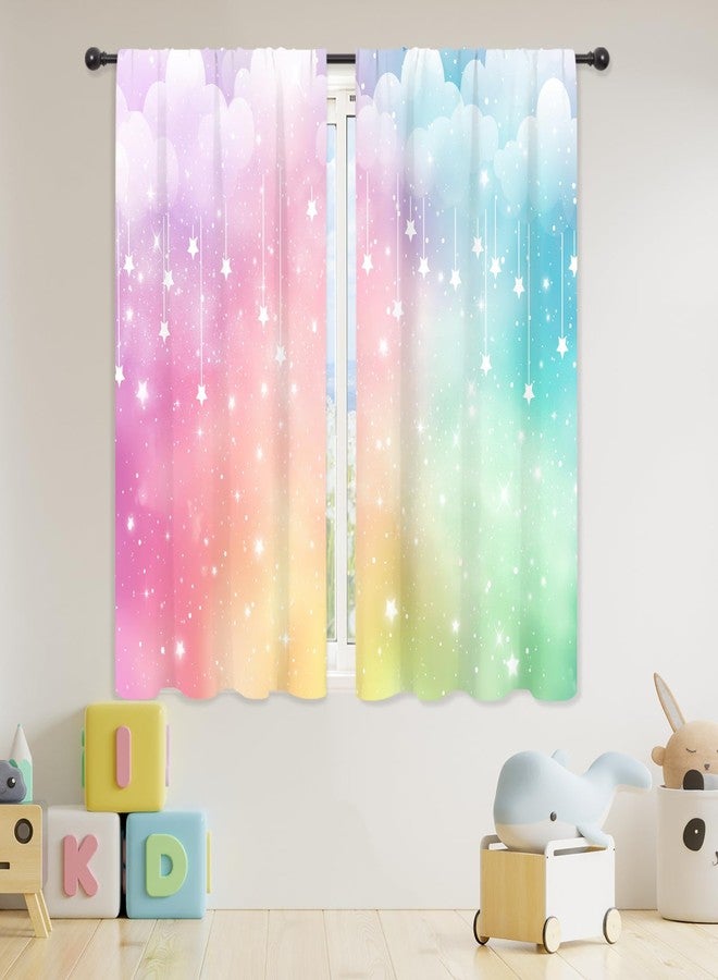 ريديكور ستائر رييديكور بألوان قوس قزح للأطفال والفتيات، بتصميم غيوم لطيفة، وتدرجات ألوان باستيلية، وسماء مرصعة بالنجوم، وجيب للتعليق، متعددة الألوان، مناسبة لغرف نوم الأميرات وغرف المعيشة، مصنوعة من قماش فاخر، قطعتان، مقاس 42 بوصة عرض × 63 بوصة ارتفاع - Image 3