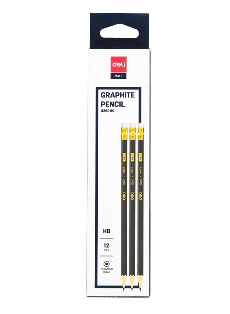Deli 12 قطعة قلم رصاص جرافيت HB مع ممحاة أسود/أصفر - Image 1