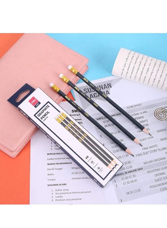 Deli 12 قطعة قلم رصاص جرافيت HB مع ممحاة أسود/أصفر - Image 3