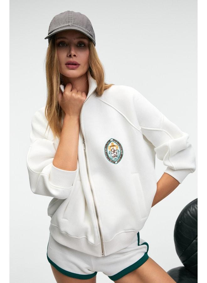 GRIMELANGE TORMENTA Women's Embroidered Zipper Straight Collar Double Pocket Raglan Sleeve White Sweatshirt. - Image 3