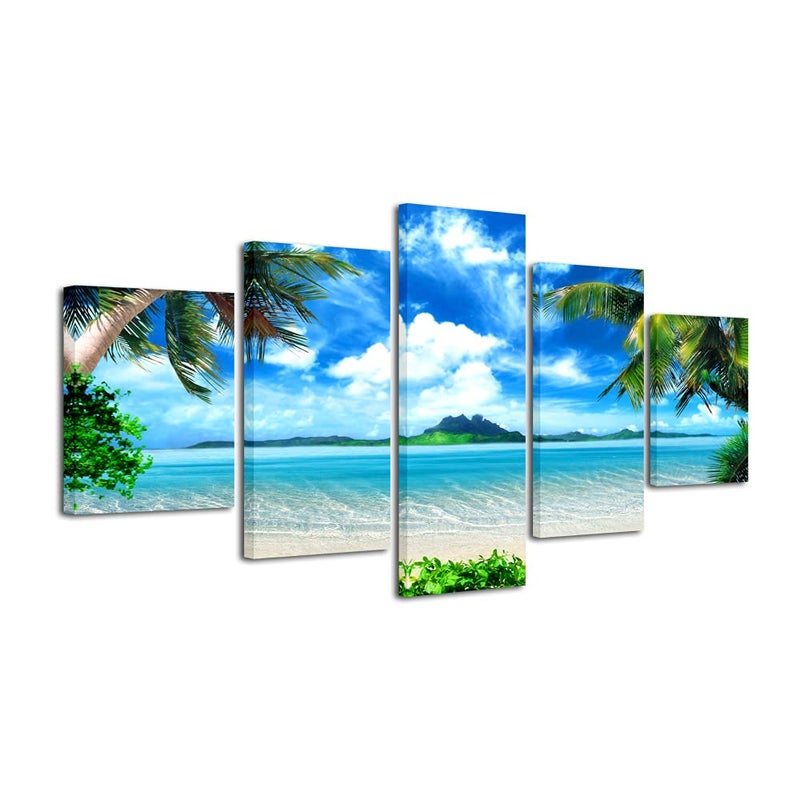 Pyradecor 5 Piece Canvas Prints Wall Art for Living Room Kitchen Home Decorations Large Modern Gallery Wrapped Pretty Landscape Blue Ocean Beach Pictures Paintings Artwork Ready to Hang L - Image 1