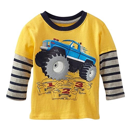 Warmbaby Monster Truck Shirts Kids Toddler Boys Long Sleeve T Shirt Yellow 3T - Image 1