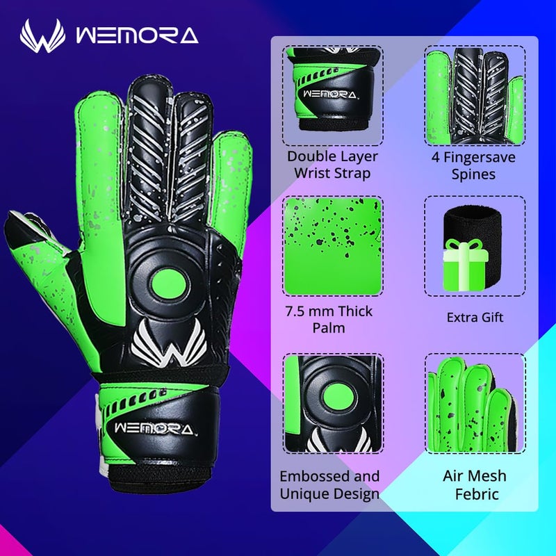 WEMORA Soccer Goalie Gloves Fingersave for Kids Youth Adults with 7.5MM Strong Grip Palm Flexible Finger Spines Goalkeeper Gloves (Green, Size 7 Suitable for Size S-M Adult, Ambidextrous) - Image 3