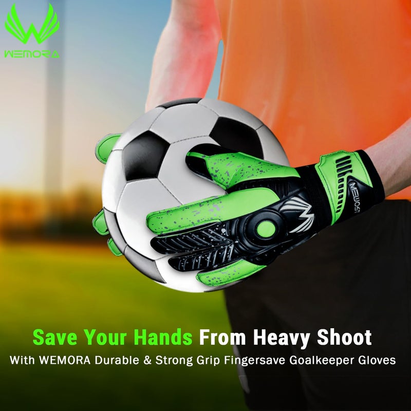 WEMORA Soccer Goalie Gloves Fingersave for Kids Youth Adults with 7.5MM Strong Grip Palm Flexible Finger Spines Goalkeeper Gloves (Green, Size 7 Suitable for Size S-M Adult, Ambidextrous) - Image 2