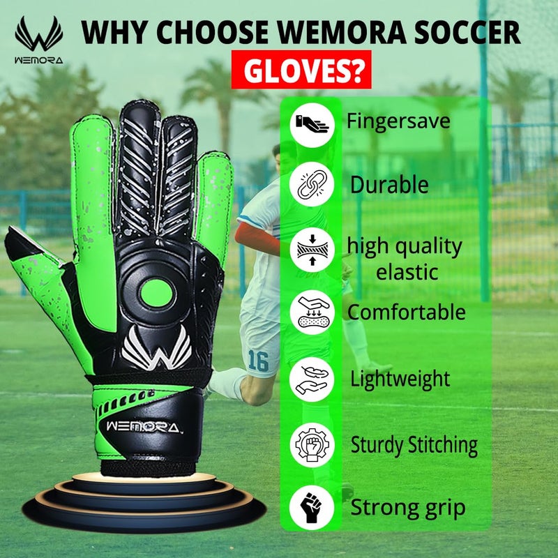 WEMORA Soccer Goalie Gloves Fingersave for Kids Youth Adults with 7.5MM Strong Grip Palm Flexible Finger Spines Goalkeeper Gloves (Green, Size 7 Suitable for Size S-M Adult, Ambidextrous) - Image 4