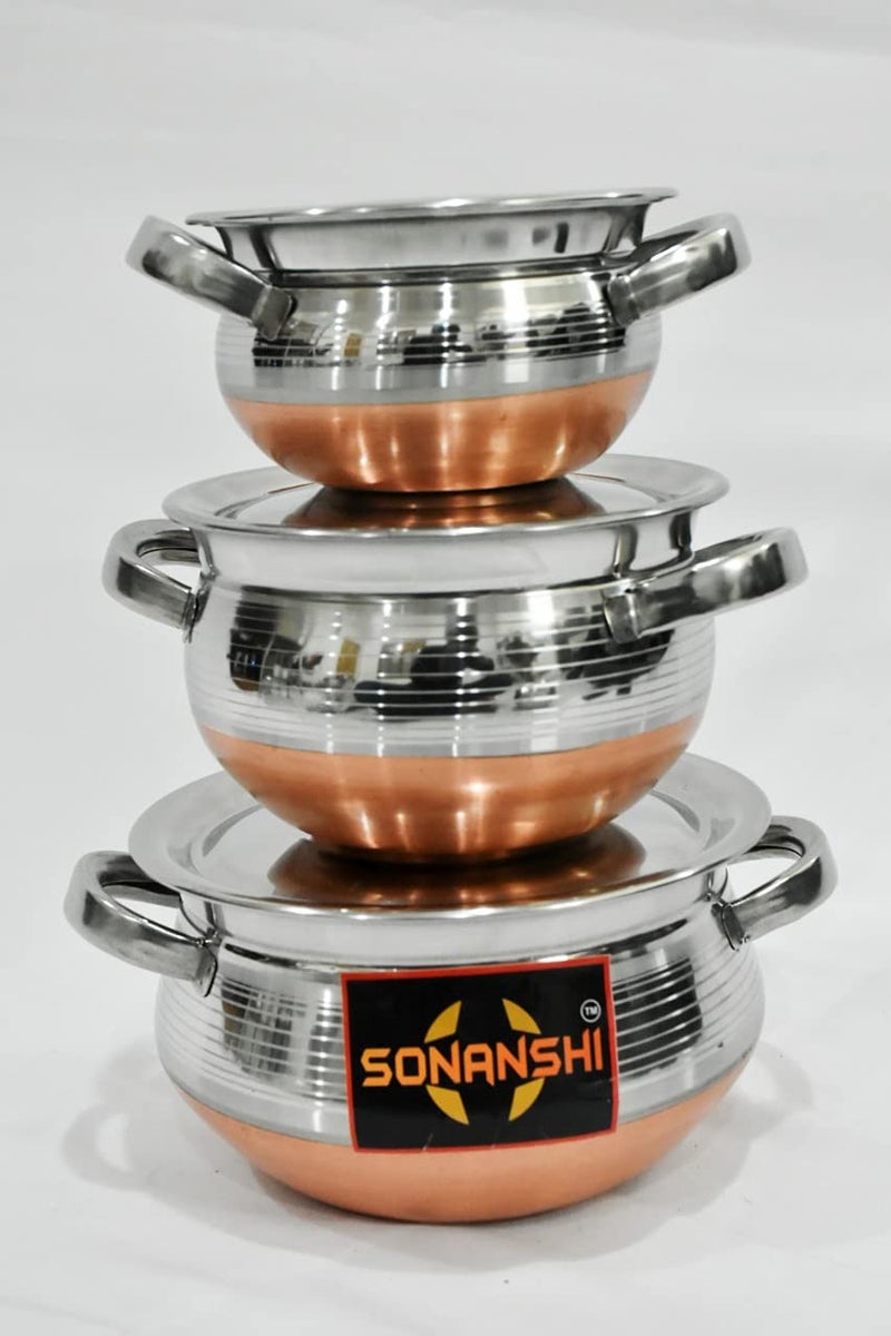 Sonanshi Sonanshi Stainless Steel Copper Bottom with Handle Handi/Pot Biryani Punjabi Handi 3 Pieces Set (0.75 L+1.5 L+2.5 L)  - Image 1