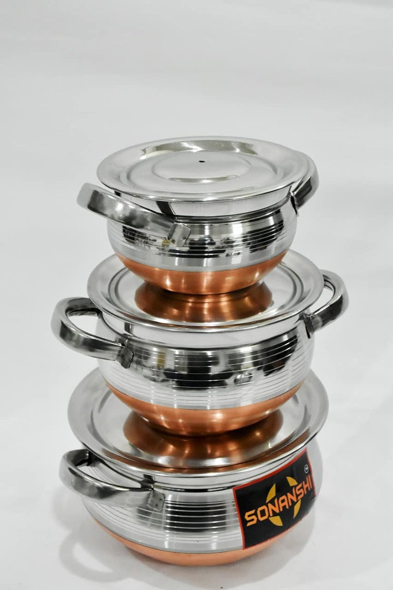 Sonanshi Sonanshi Stainless Steel Copper Bottom with Handle Handi/Pot Biryani Punjabi Handi 3 Pieces Set (0.75 L+1.5 L+2.5 L)  - Image 3