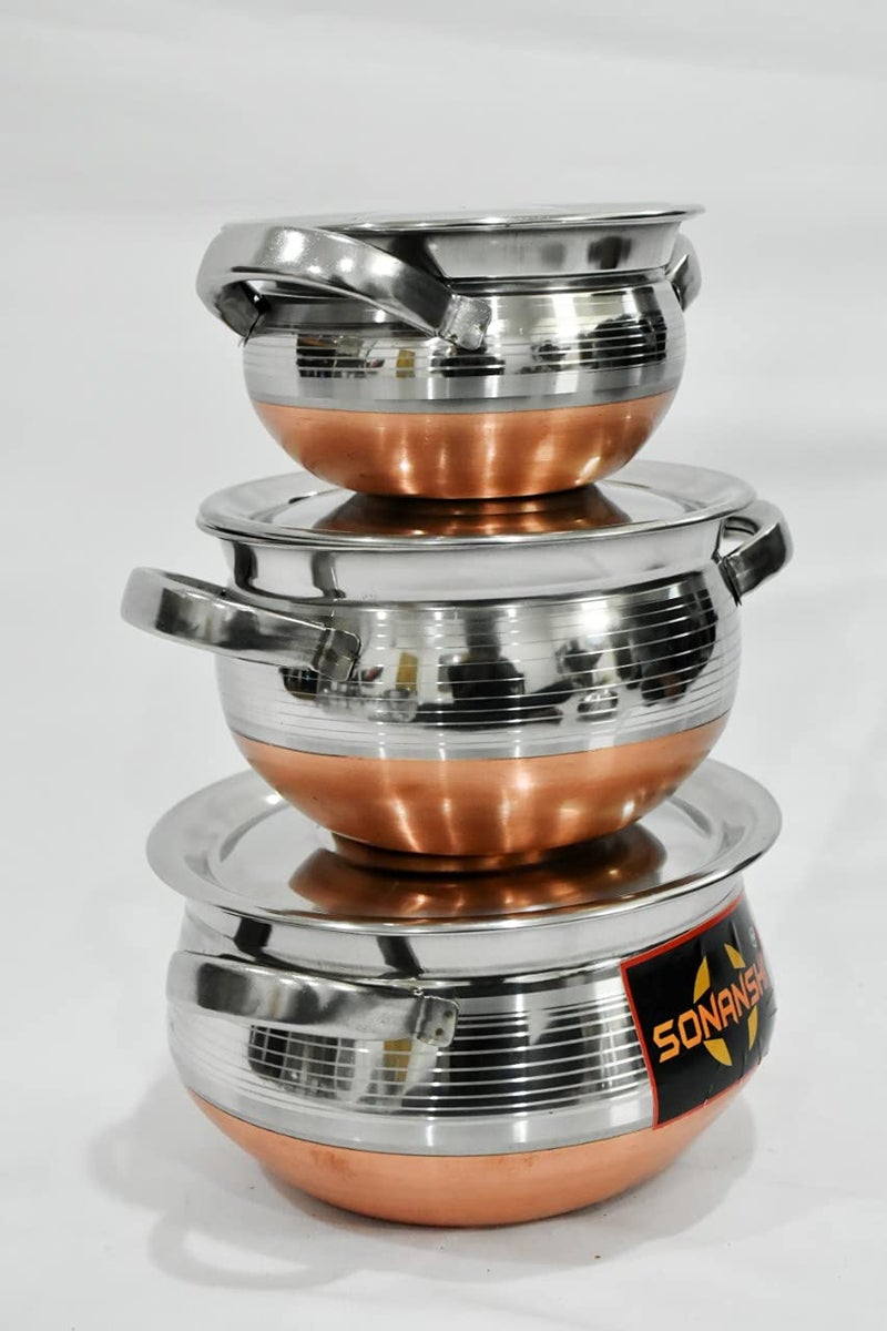 Sonanshi Sonanshi Stainless Steel Copper Bottom with Handle Handi/Pot Biryani Punjabi Handi 3 Pieces Set (0.75 L+1.5 L+2.5 L)  - Image 2