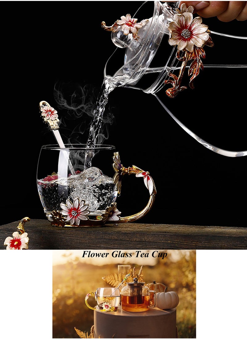 Qiccijoo - Qiccijoo Flower Glass Tea Cup with Spoon Set Coffee Mug，Gifts for Women，Elegant Valentines Day Gifts For Her Anniversary  Birthday - Image 1