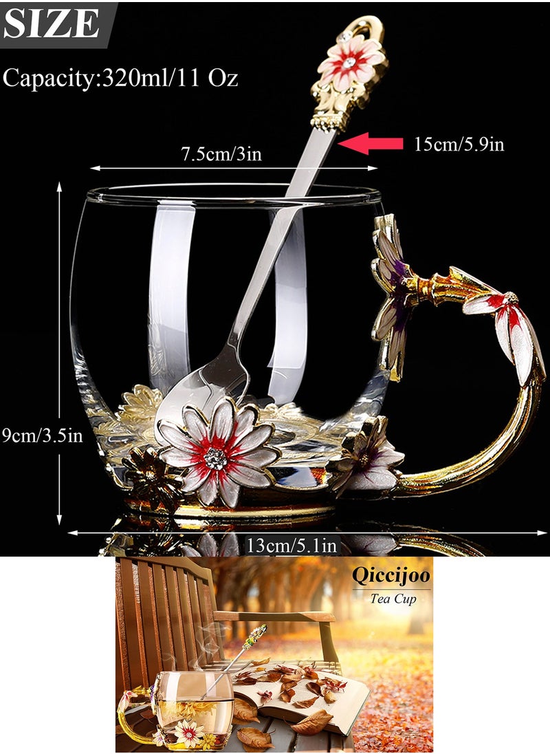 Qiccijoo - Qiccijoo Flower Glass Tea Cup with Spoon Set Coffee Mug，Gifts for Women，Elegant Valentines Day Gifts For Her Anniversary  Birthday - Image 1