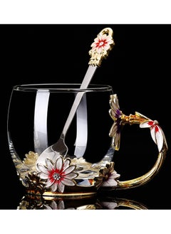Qiccijoo Flower Glass Tea Cup with Spoon Set Coffee Mug，Gifts for Women，Elegant Valentines Day Gifts For Her Anniversary  Birthday