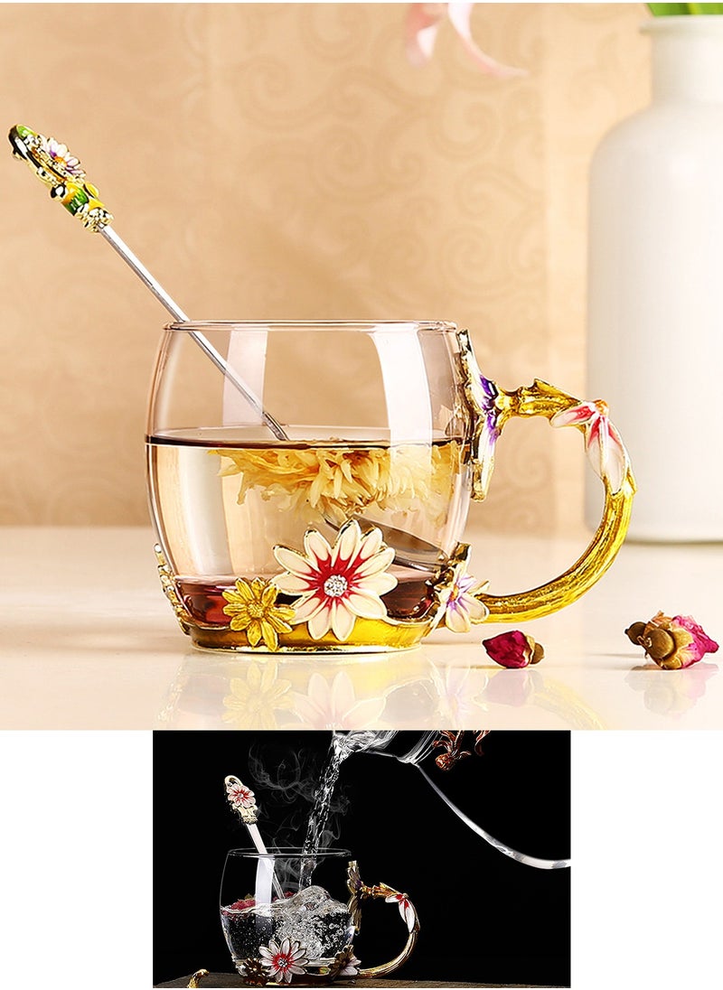 Qiccijoo - Qiccijoo Flower Glass Tea Cup with Spoon Set Coffee Mug，Gifts for Women，Elegant Valentines Day Gifts For Her Anniversary  Birthday - Image 1