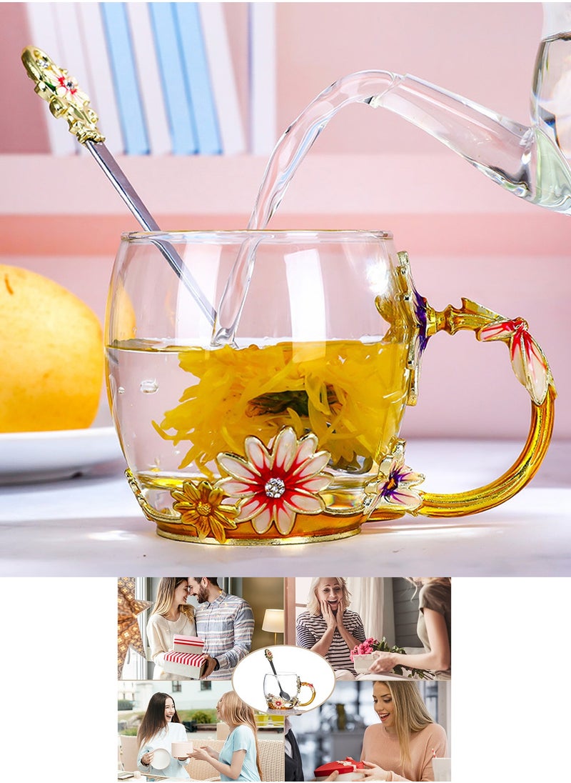 Qiccijoo - Qiccijoo Flower Glass Tea Cup with Spoon Set Coffee Mug，Gifts for Women，Elegant Valentines Day Gifts For Her Anniversary  Birthday - Image 1