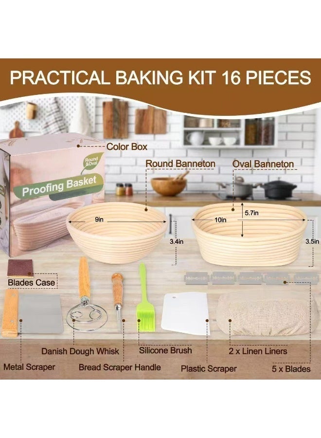طقم سلة تخمير الخبز بانيتون من الروطان (9 بوصة دائري و 10 بوصة بيضاوي)، مع سكين لام، مكشطة عجين، مضرب، مكشطة وعاء، فرشاة تدهن و بطانات من الكتان - Image 2