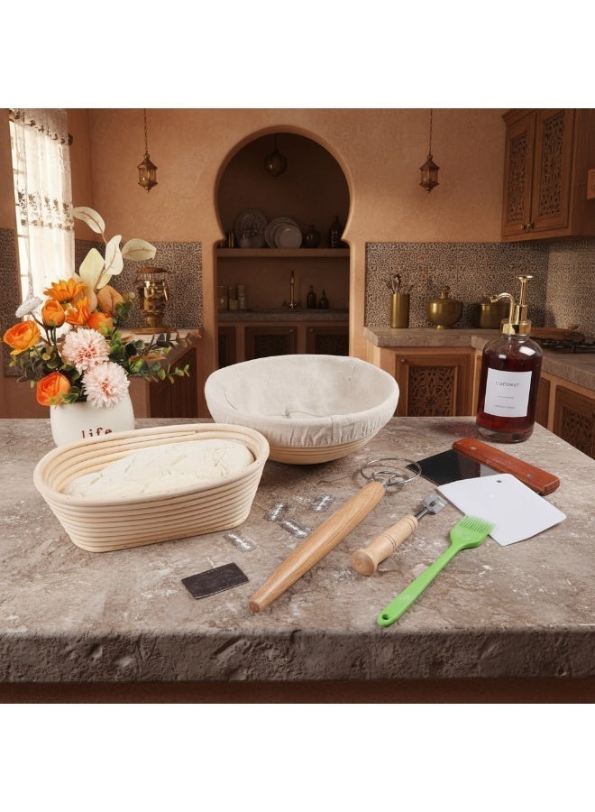 طقم سلة تخمير الخبز بانيتون من الروطان (9 بوصة دائري و 10 بوصة بيضاوي)، مع سكين لام، مكشطة عجين، مضرب، مكشطة وعاء، فرشاة تدهن و بطانات من الكتان - Image 3