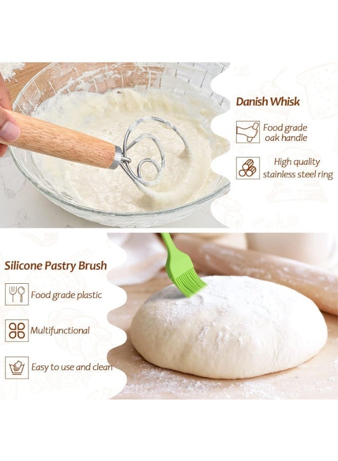 طقم سلة تخمير الخبز بانيتون من الروطان (9 بوصة دائري و 10 بوصة بيضاوي)، مع سكين لام، مكشطة عجين، مضرب، مكشطة وعاء، فرشاة تدهن و بطانات من الكتان - Image 4