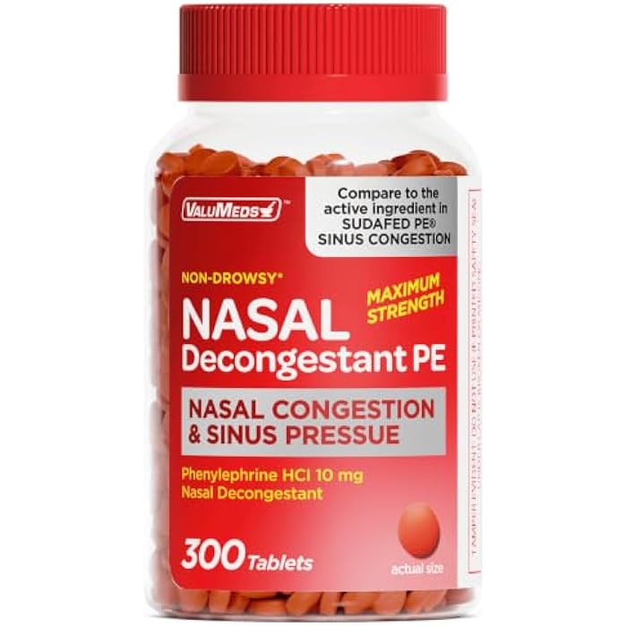 ValuMeds Nasal Decongestant PE Phenylephrine HCl 10mg Tablets (Bulk 300 Count) Non-Drowsy Sinus Pressure Relief & Nasal Congestion Relief, Stuffy Nose Decongestants for Adults | Compare to Sudafed PE - Image 1