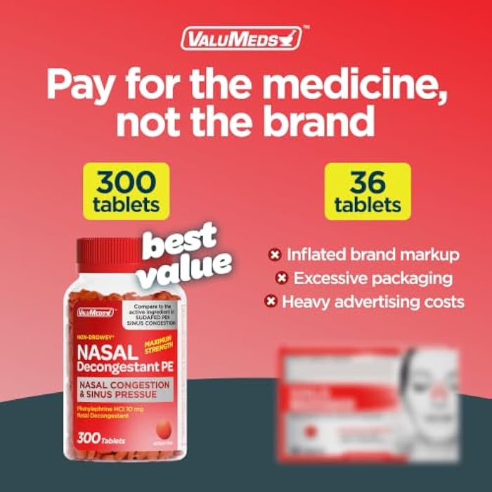 ValuMeds Nasal Decongestant PE Phenylephrine HCl 10mg Tablets (Bulk 300 Count) Non-Drowsy Sinus Pressure Relief & Nasal Congestion Relief, Stuffy Nose Decongestants for Adults | Compare to Sudafed PE - Image 5