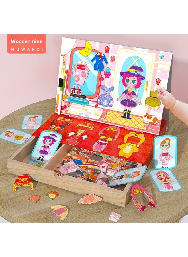 Children's Puzzle Puzzle Cartoon Magnetic Little Girl Change Puzzle Wooden Magnetic Double-sided Drawing Board Toy-Color:Little Girl Dressing Up And Playing (drawer Box) - Image 5