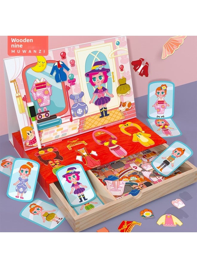 Children's Puzzle Puzzle Cartoon Magnetic Little Girl Change Puzzle Wooden Magnetic Double-sided Drawing Board Toy-Color:Little Girl Dressing Up And Playing (drawer Box) - Image 3