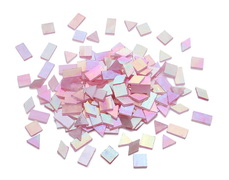 Lanyani Iridescent Stained Glass Mosaic Tiles for Art Craft 200 Pieces 4 Shapes MixedPink Glimmer
