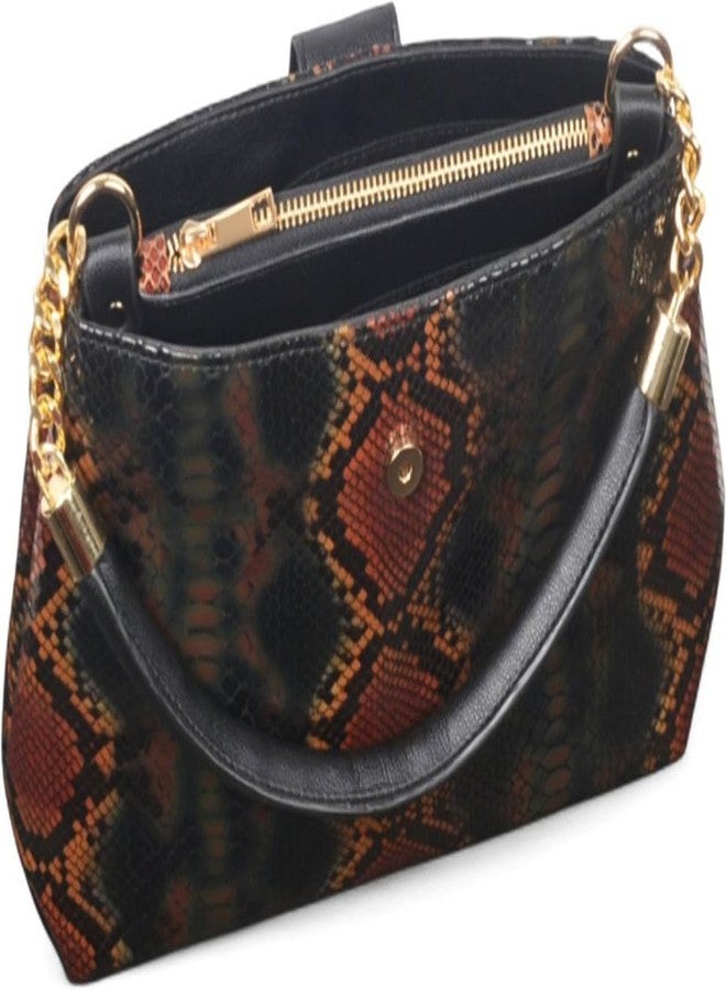 JAV Snake Embossed Handbag for Women | Black Multicolor Faux Leather Structured Satchel with Gold Chain Handle & Detachable Sling Strap - Image 5