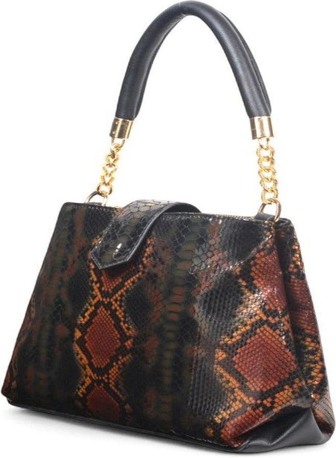 JAV Snake Embossed Handbag for Women | Black Multicolor Faux Leather Structured Satchel with Gold Chain Handle & Detachable Sling Strap - Image 4