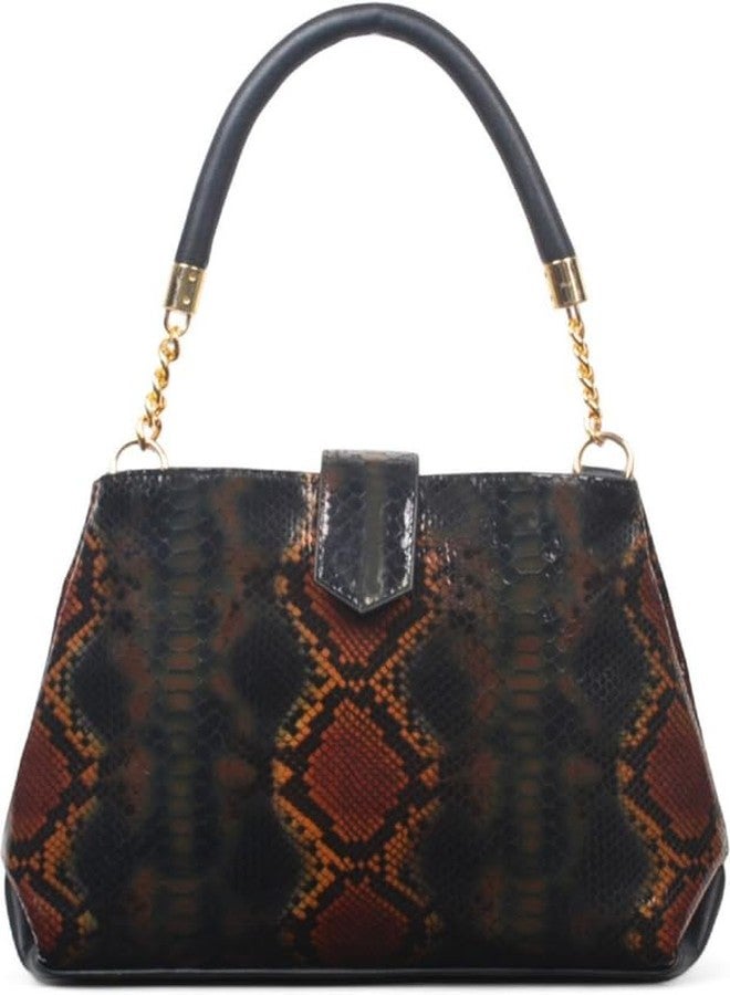 JAV Snake Embossed Handbag for Women | Black Multicolor Faux Leather Structured Satchel with Gold Chain Handle & Detachable Sling Strap - Image 1