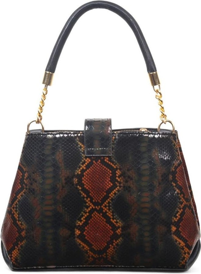 JAV Snake Embossed Handbag for Women | Black Multicolor Faux Leather Structured Satchel with Gold Chain Handle & Detachable Sling Strap - Image 3