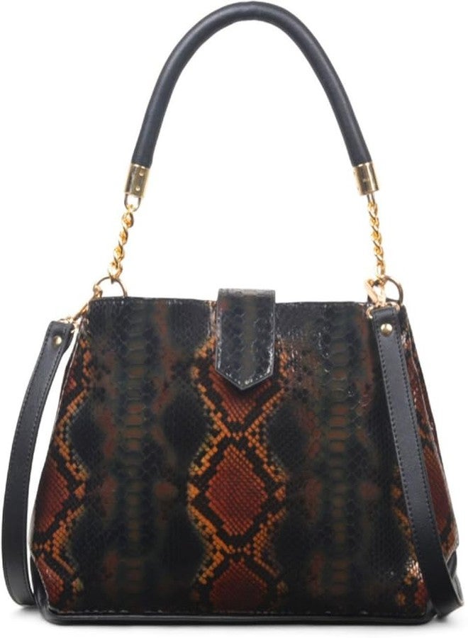 JAV Snake Embossed Handbag for Women | Black Multicolor Faux Leather Structured Satchel with Gold Chain Handle & Detachable Sling Strap - Image 2