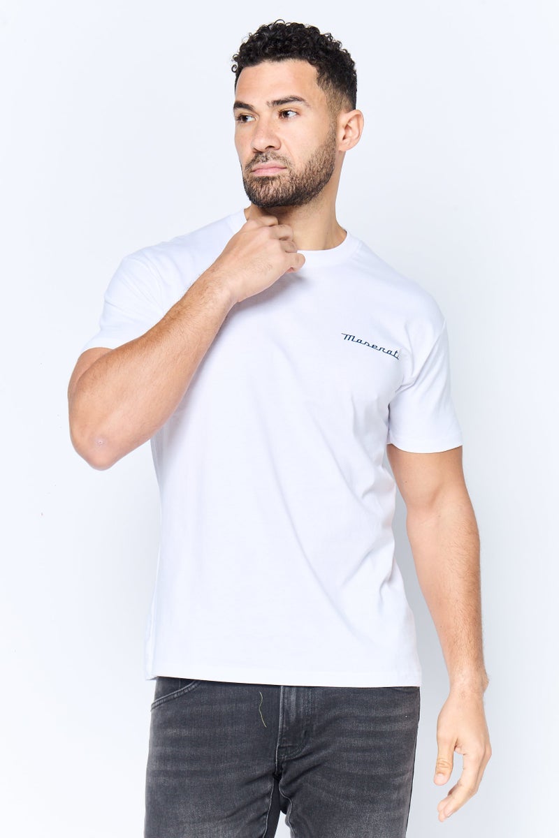 Maserati تي شيرت رجالي بأكمام قصيرة وياقة دائرية بشعار العلامة التجارية، أبيض - Image 1